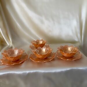 Vintage anchor hocking peach luster iridescent bowl and small plate set 4